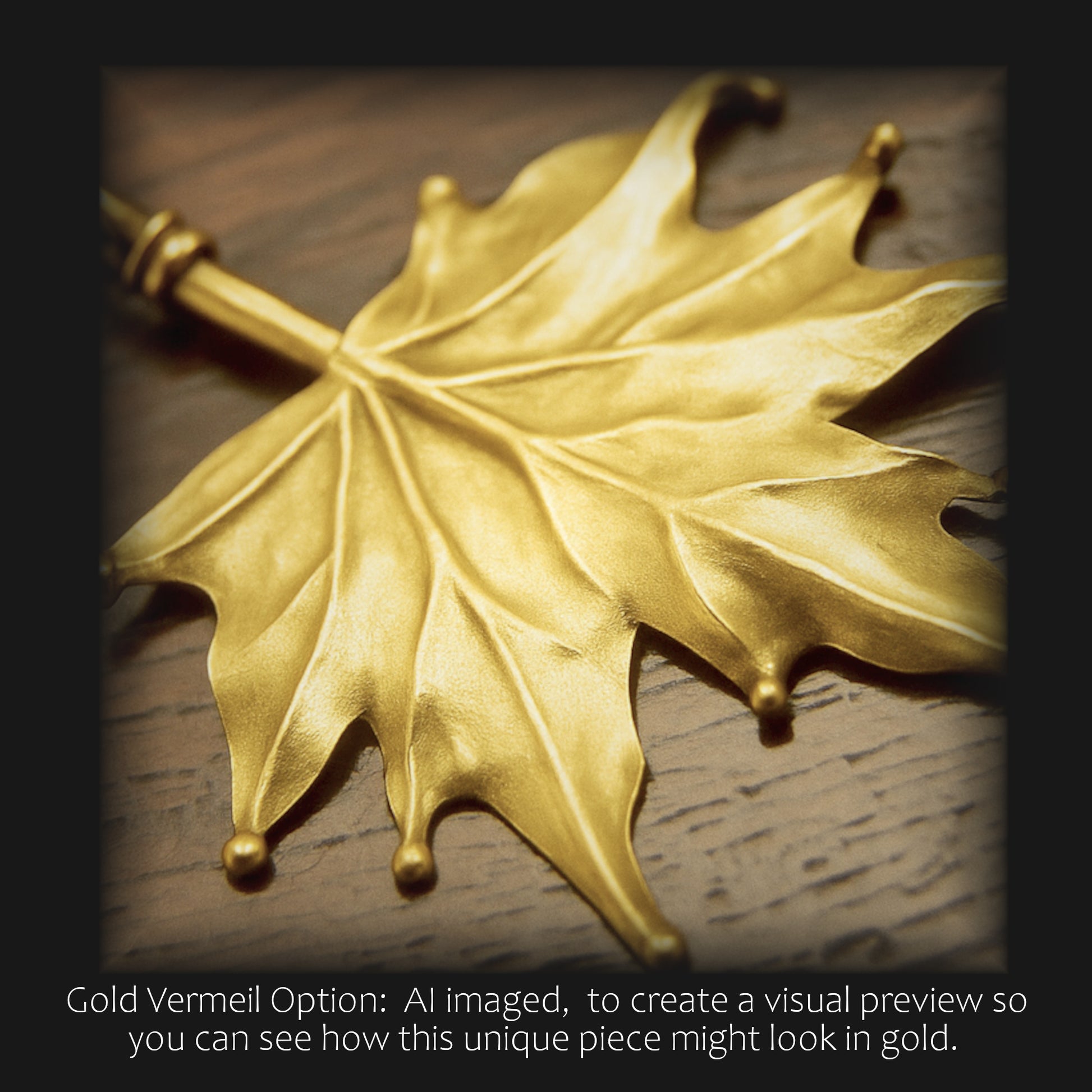 AI generated image of what the silver maple leaf pendant would look like if it were gold plated to make it gold vermeil.