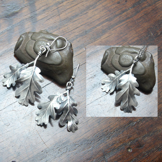 Silver Oak leaf pendant  and matching earrings made and designed by M Barran at Taitaya Forge