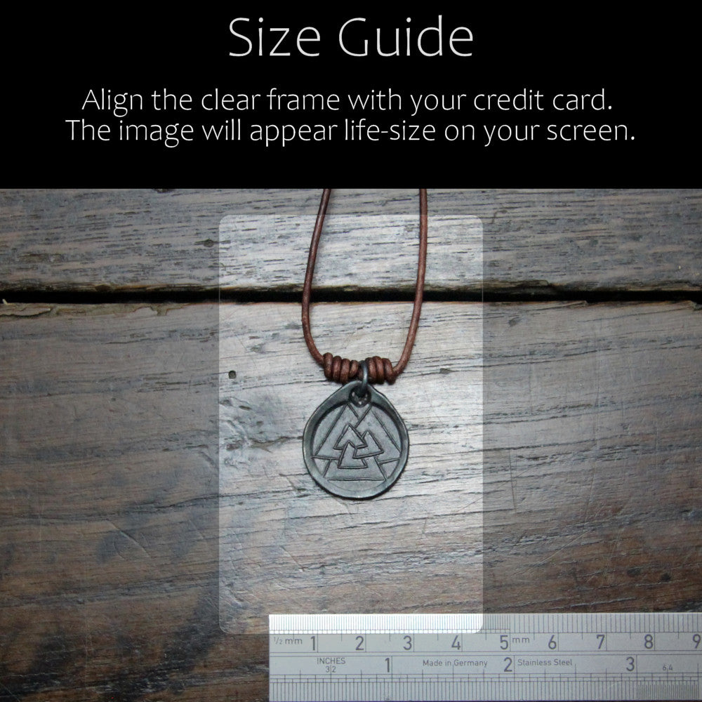 Taitay Forge Iron Valknut coin pendant with forge black finish size reference guide in camparison with a credit card or ruler