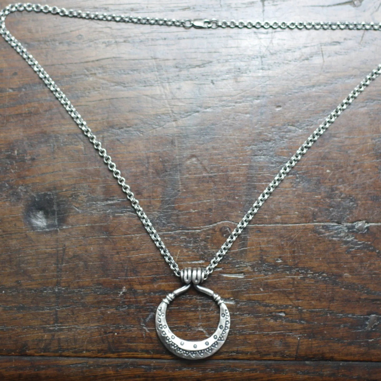 Wrought Silver Moon Necklace, a hand forged solid sterling silver, 925, crescent moon pendant on a double link chain