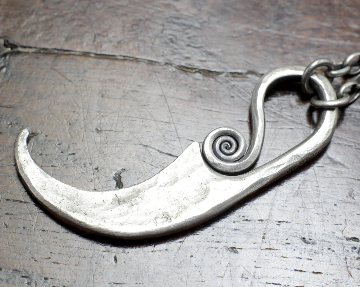 Forged Silver Sickle Pendant, solid Sterling Silver, 925 pendant on a thick silver chain