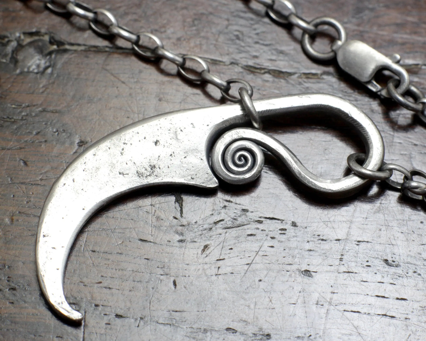 Forged Silver Sickle Pendant, solid Sterling Silver, 925 pendant on a thick silver chain