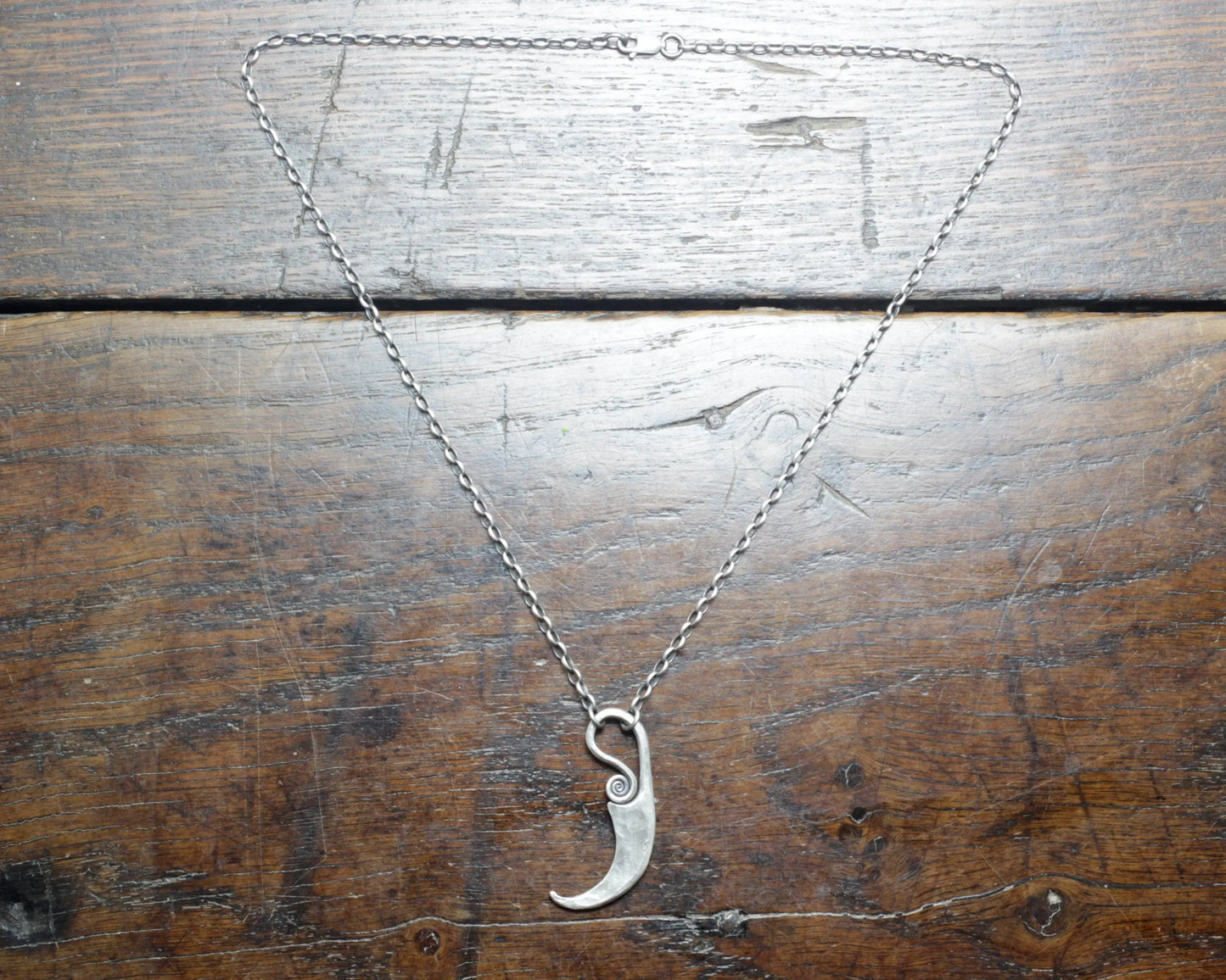 Forged Silver Sickle Pendant, solid Sterling Silver, 925 pendant on a thick silver chain
