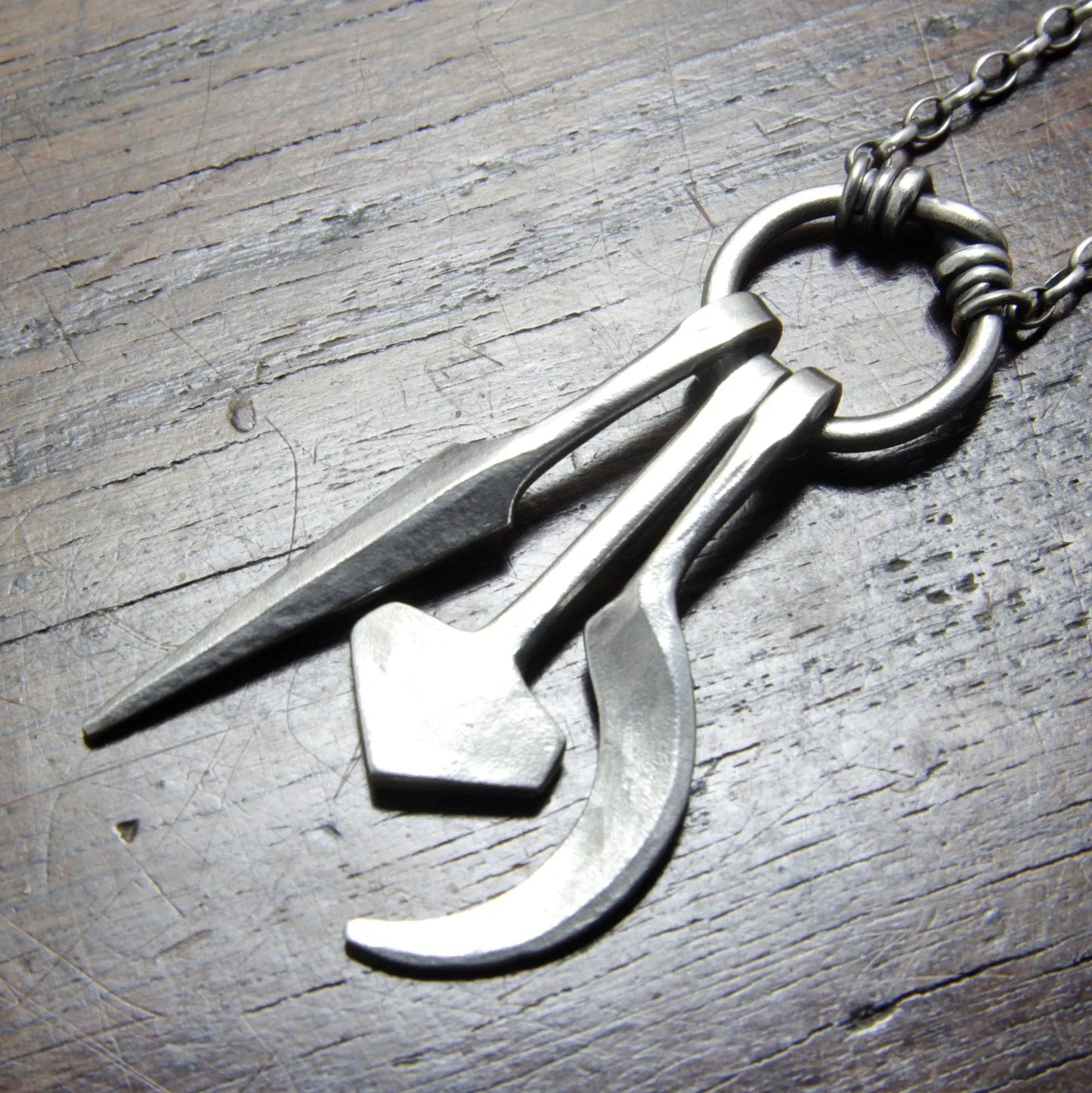 Hot Forged Sterling Silver Spear, Mjolnir and Sickle Amulet Ring Pendant