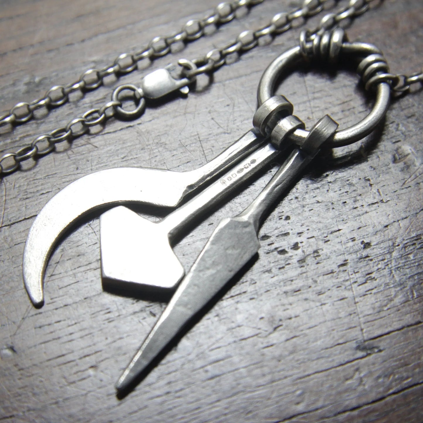 Hot Forged Sterling Silver Spear, Mjolnir and Sickle Amulet Ring Pendant