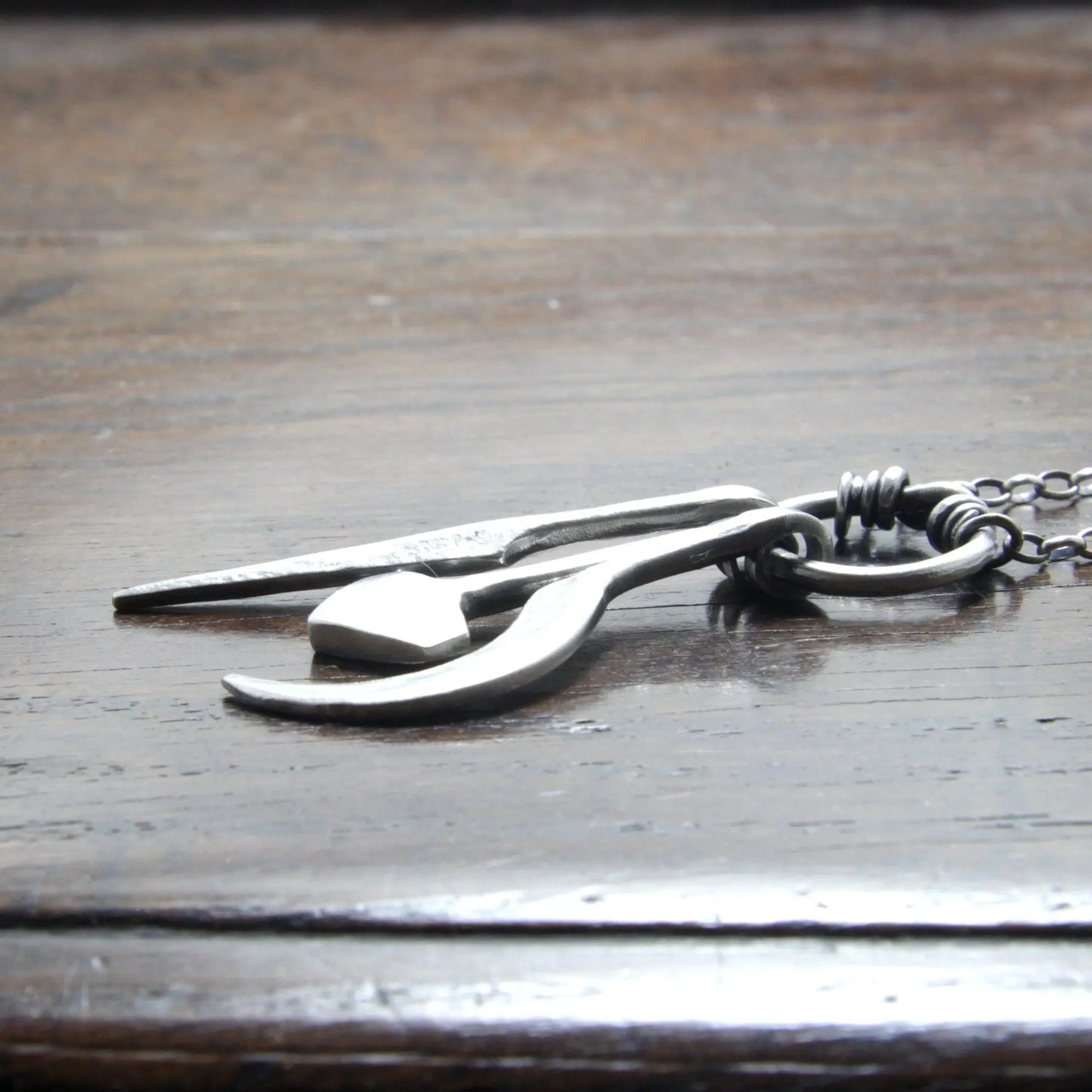 Hot Forged Sterling Silver Spear, Mjolnir and Sickle Amulet Ring Pendant