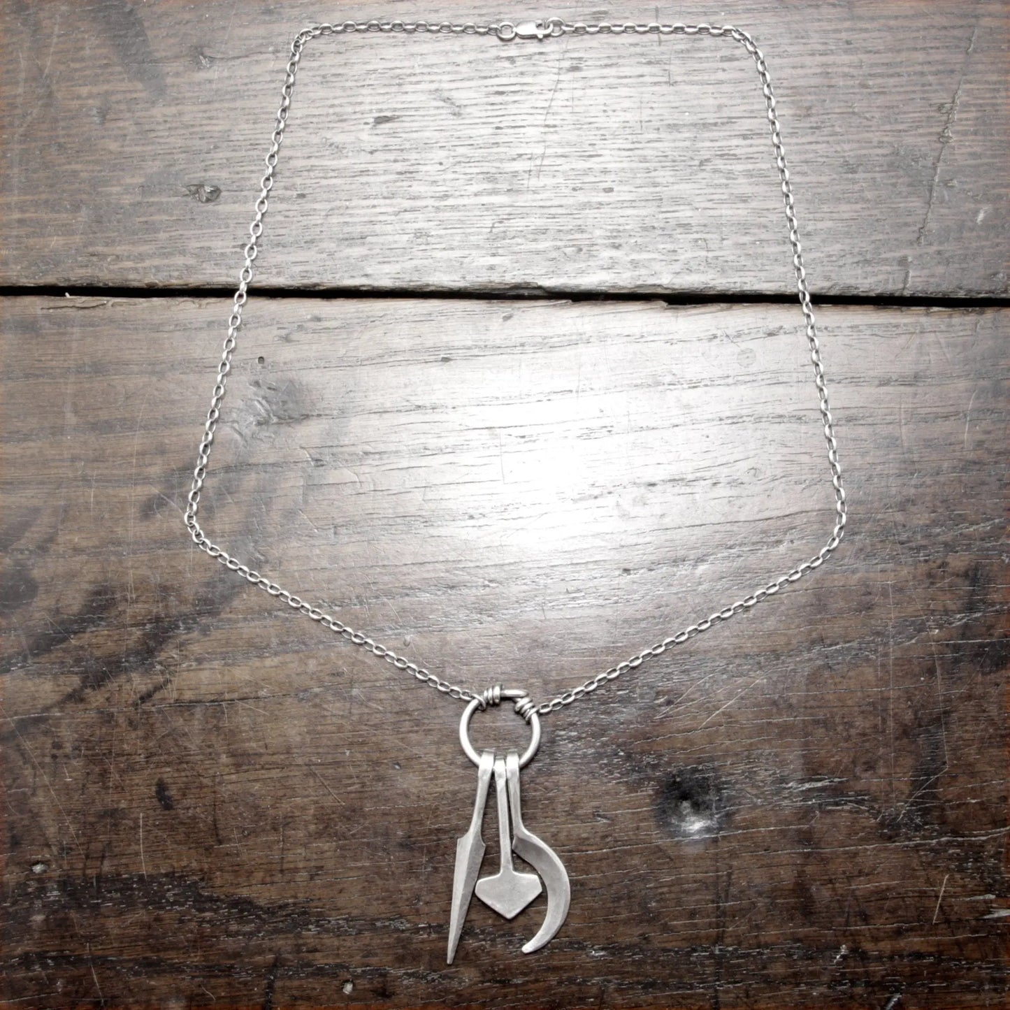Hot Forged Sterling Silver Spear, Mjolnir and Sickle Amulet Ring Pendant