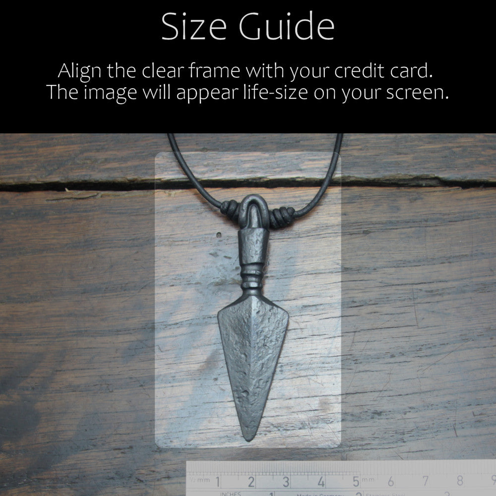 Large Hand forged iron arrowhead pendant by Taitaya Forge, size guide in comparison to credit card and a ruler