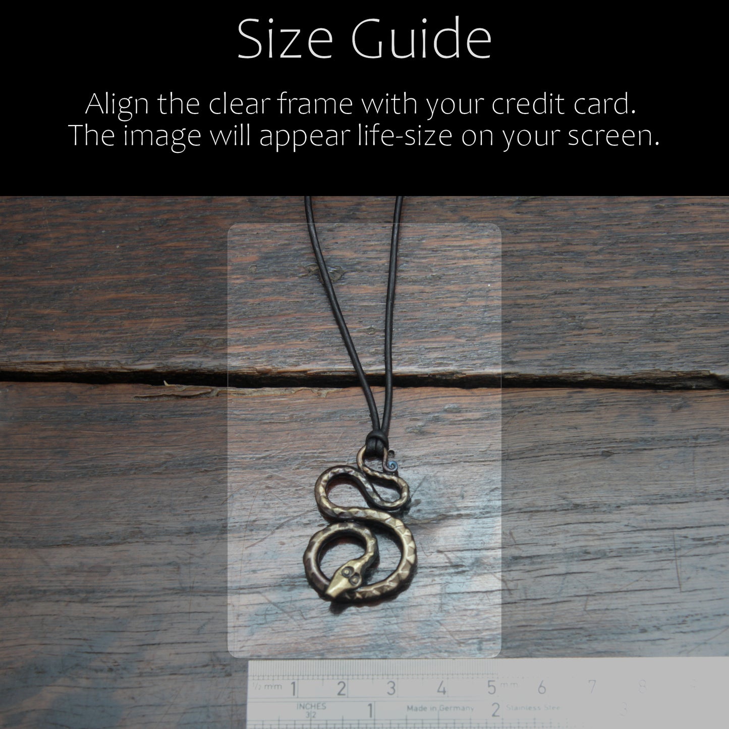 Iron snake pendant, size reference photo comparison to credit card