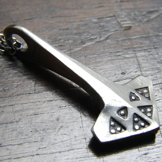 Small Silver Stampwork Decorated Mjolnir, from Taitaya Forge, UK, made by M.Barran 2023