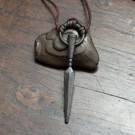 Main image of the black iron hand forged ringed Viking Gungnir Spear Pendant, designed and made by M.Barran at Taitaya forge in the UK