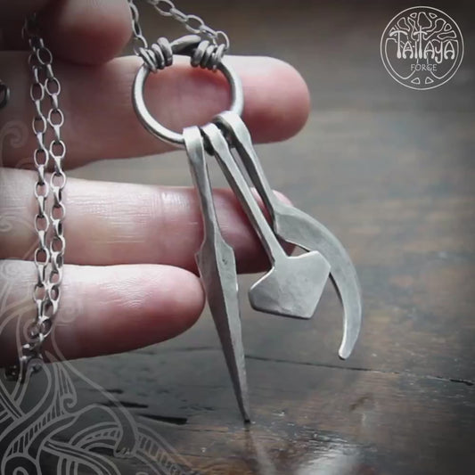 Hot Forged Sterling Silver Spear, Mjolnir and Sickle Amulet Ring Pendant