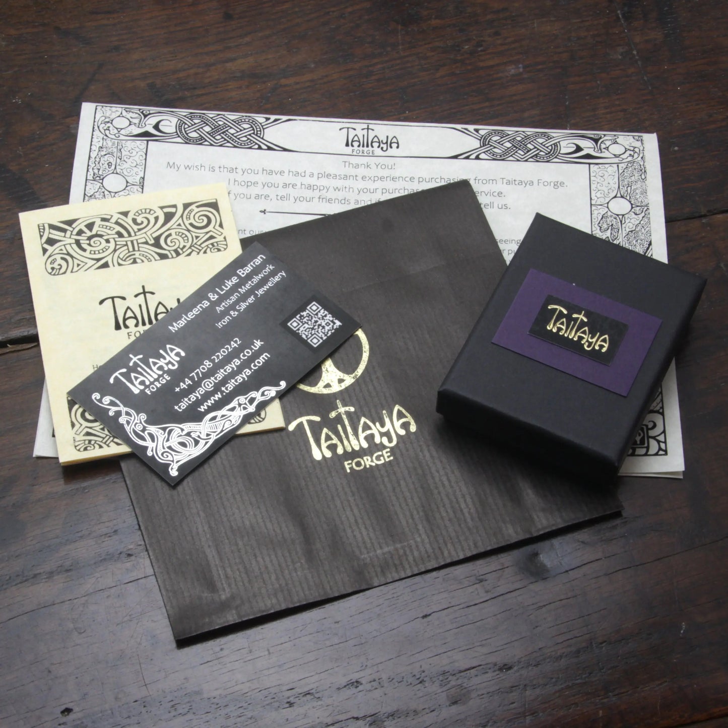 Example of our packaging that comes with the jewellery from Taitaya Forge. Includes a business card, care instruction and a recyclable gift box.