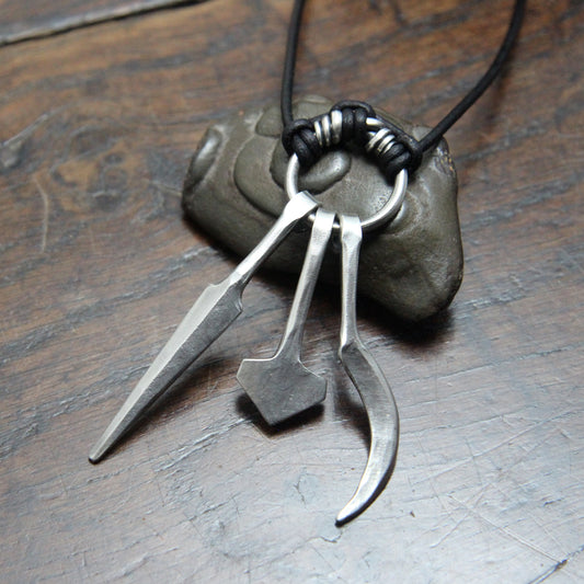 Hot Forged Sterling Silver Spear, Mjolnir and Sickle Amulet Ring Pendant