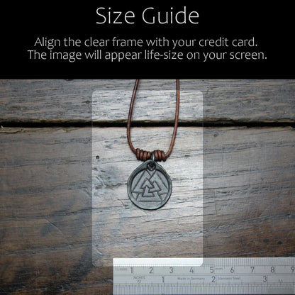 Taitay Forge Iron Valknut coin pendant with forge black finish size reference guide in camparison with a credit card or ruler