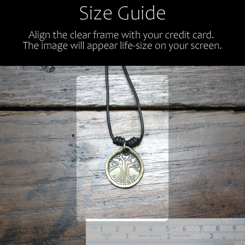 Taitay Forge Iron Yggdrasil tree coin pendant with antique bronze finish size reference guide in camparison with a credit card or ruler