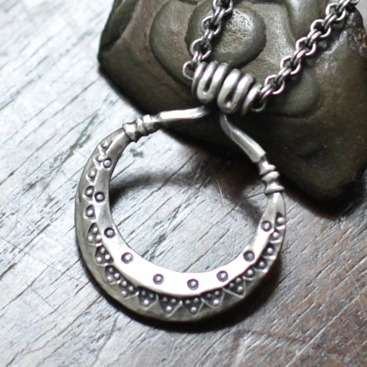 Wrought Silver Moon Necklace, a hand forged solid sterling silver, 925, crescent moon pendant on a double link chain