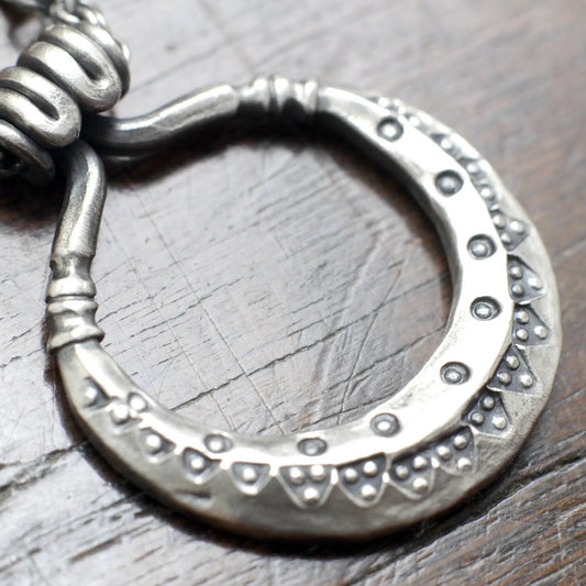 Wrought Silver Moon Necklace, a hand forged solid sterling silver, 925, crescent moon pendant on a double link chain