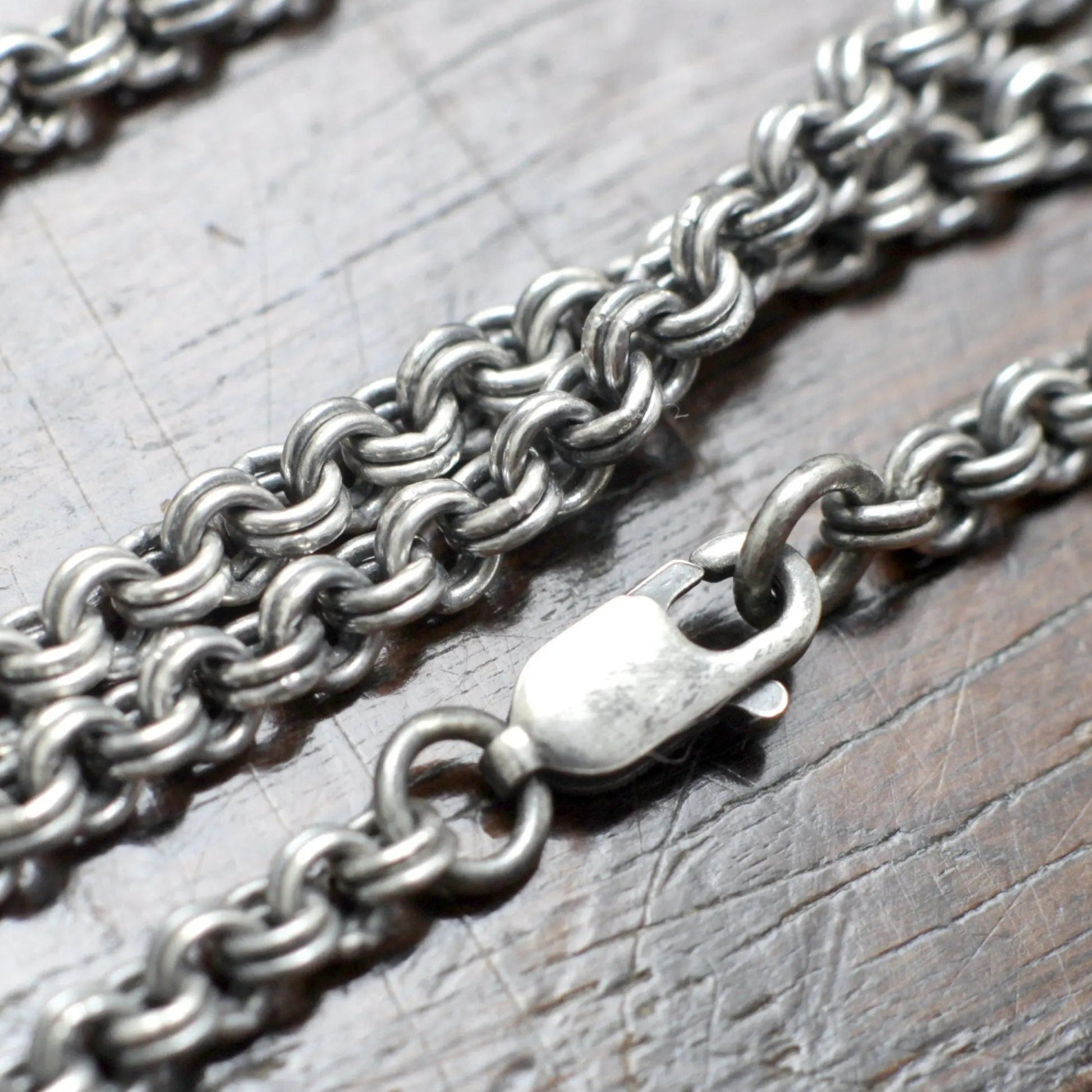 Wrought Silver Moon Necklace, a hand forged solid sterling silver, 925, crescent moon pendant on a double link chain
