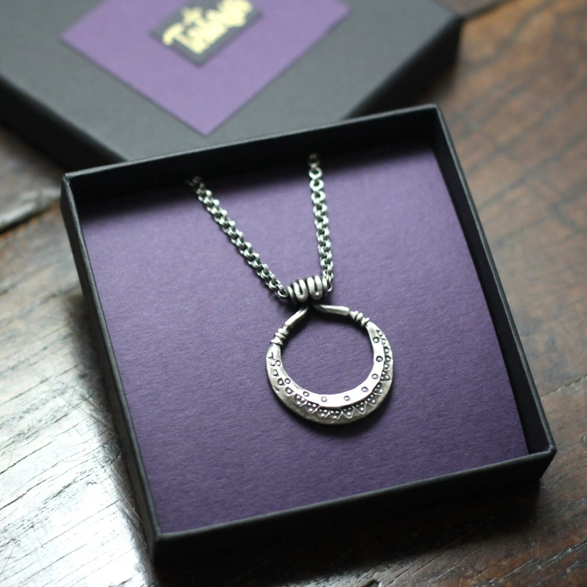 Wrought Silver Moon Necklace, a hand forged solid sterling silver, 925, crescent moon pendant on a double link chain