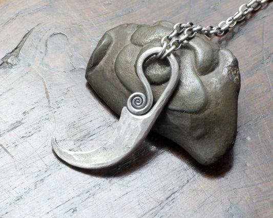 Forged Silver Sickle Pendant, solid Sterling Silver, 925 pendant on a thick silver chain