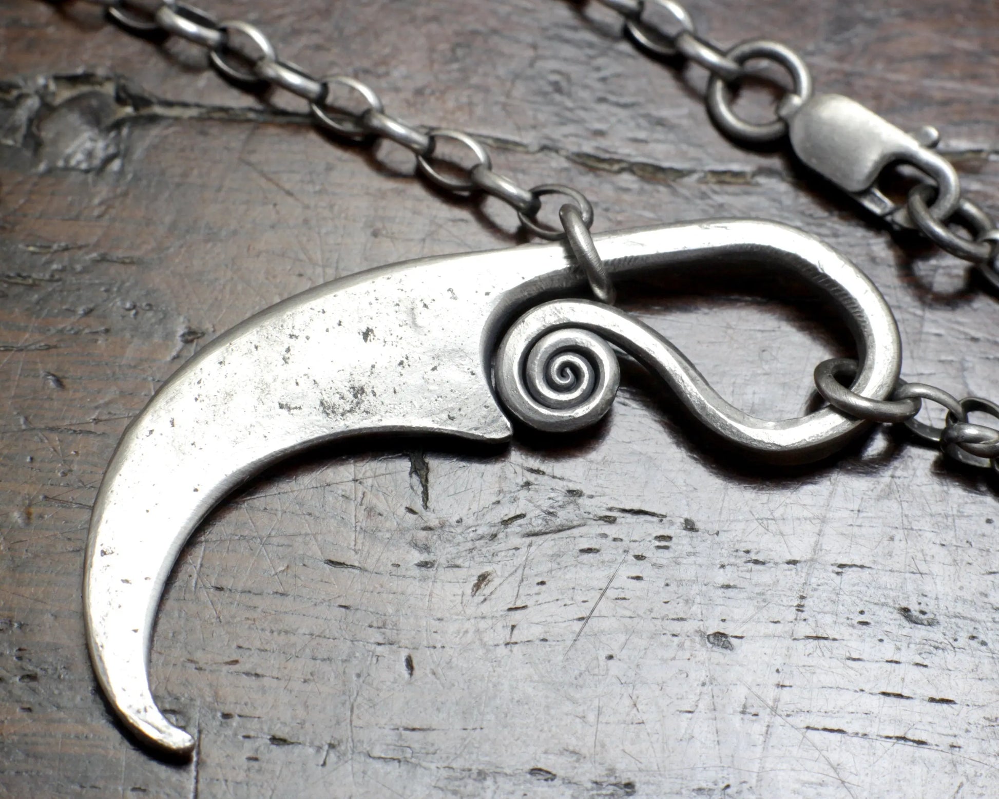 Forged Silver Sickle Pendant, solid Sterling Silver, 925 pendant on a thick silver chain