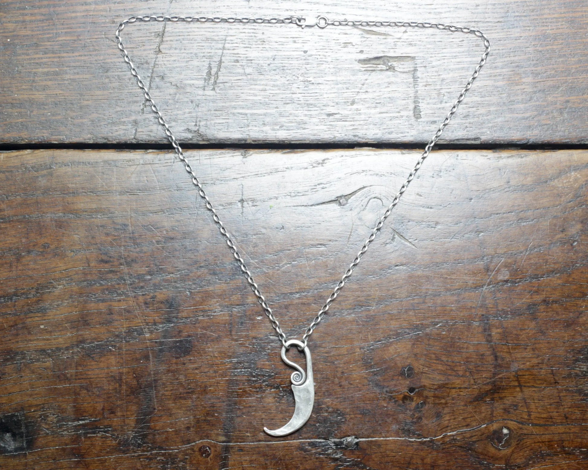 Forged Silver Sickle Pendant, solid Sterling Silver, 925 pendant on a thick silver chain