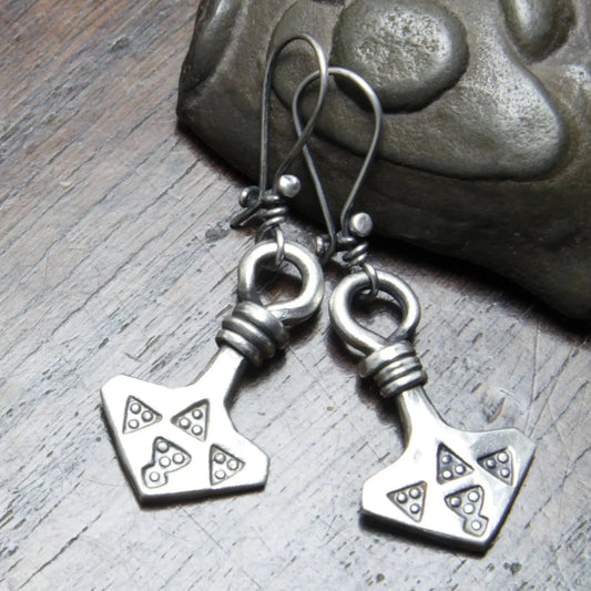 Forged Silver Thor's Hammer, Mjolnir Earrings