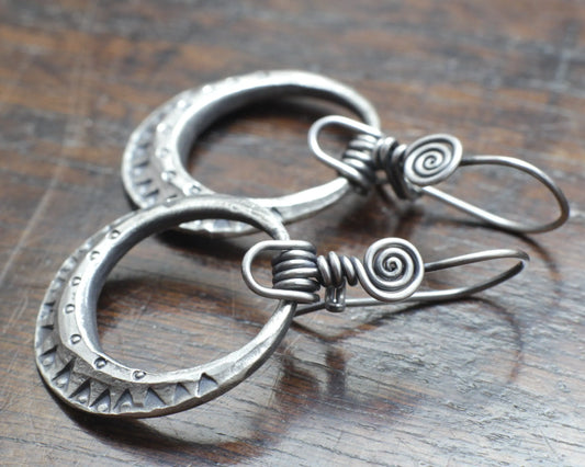 Forged Silver Moon Earrings, made and designed by Marleena Barran, Taitaya Forge, UK