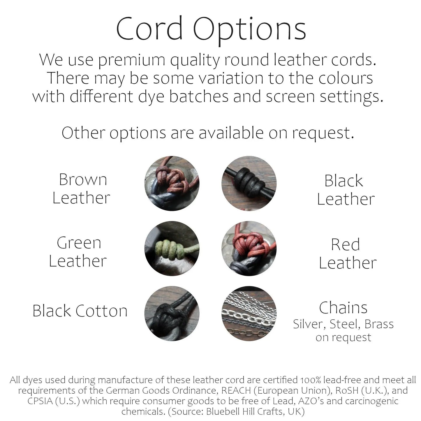 Cord options for the pendants at Taitaya Forge. Includes Brown, Black, Red and green leather. Black cotton. 