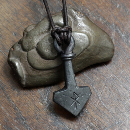 Small engraved forged iron Mjolnir pendant