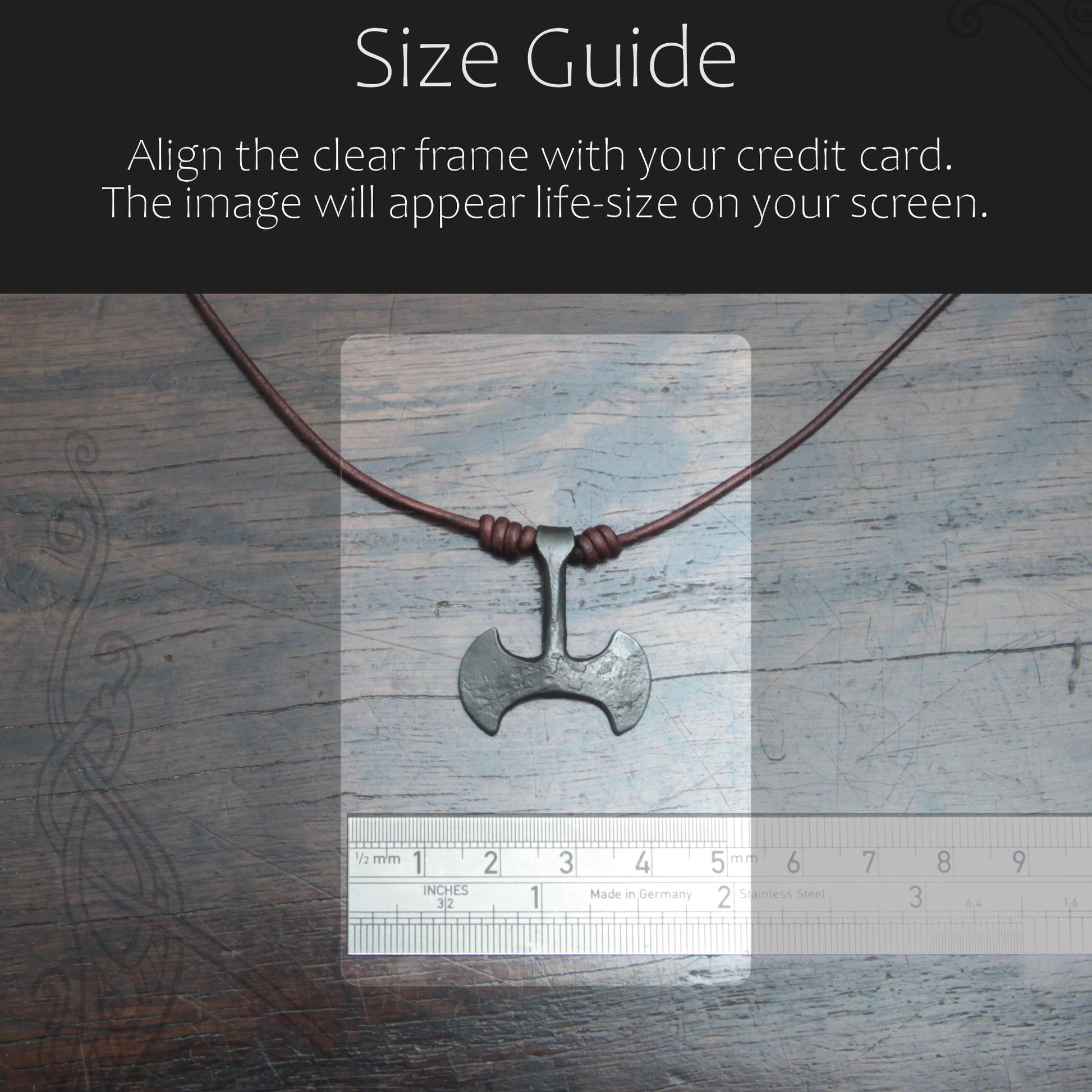 Size comparison with credit card of the Taitaya Forge iron Labrys pendant. 