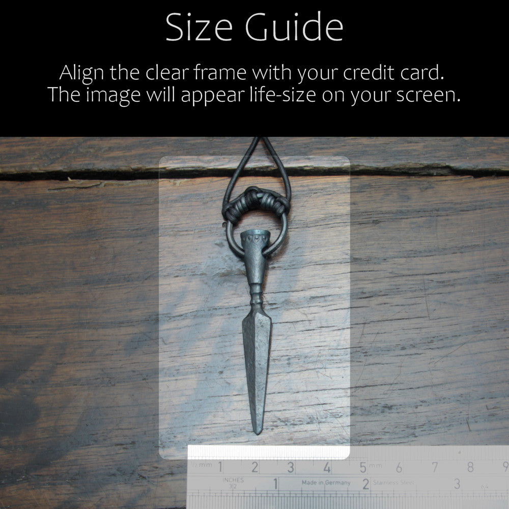 Handforged iron Gungnir spear pendant made by taitaya forge, size guid in comparison with a credit card and ruler