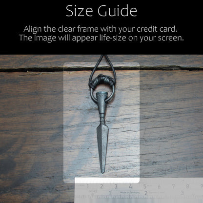 Handforged iron Gungnir spear pendant made by taitaya forge, size guid in comparison with a credit card and ruler