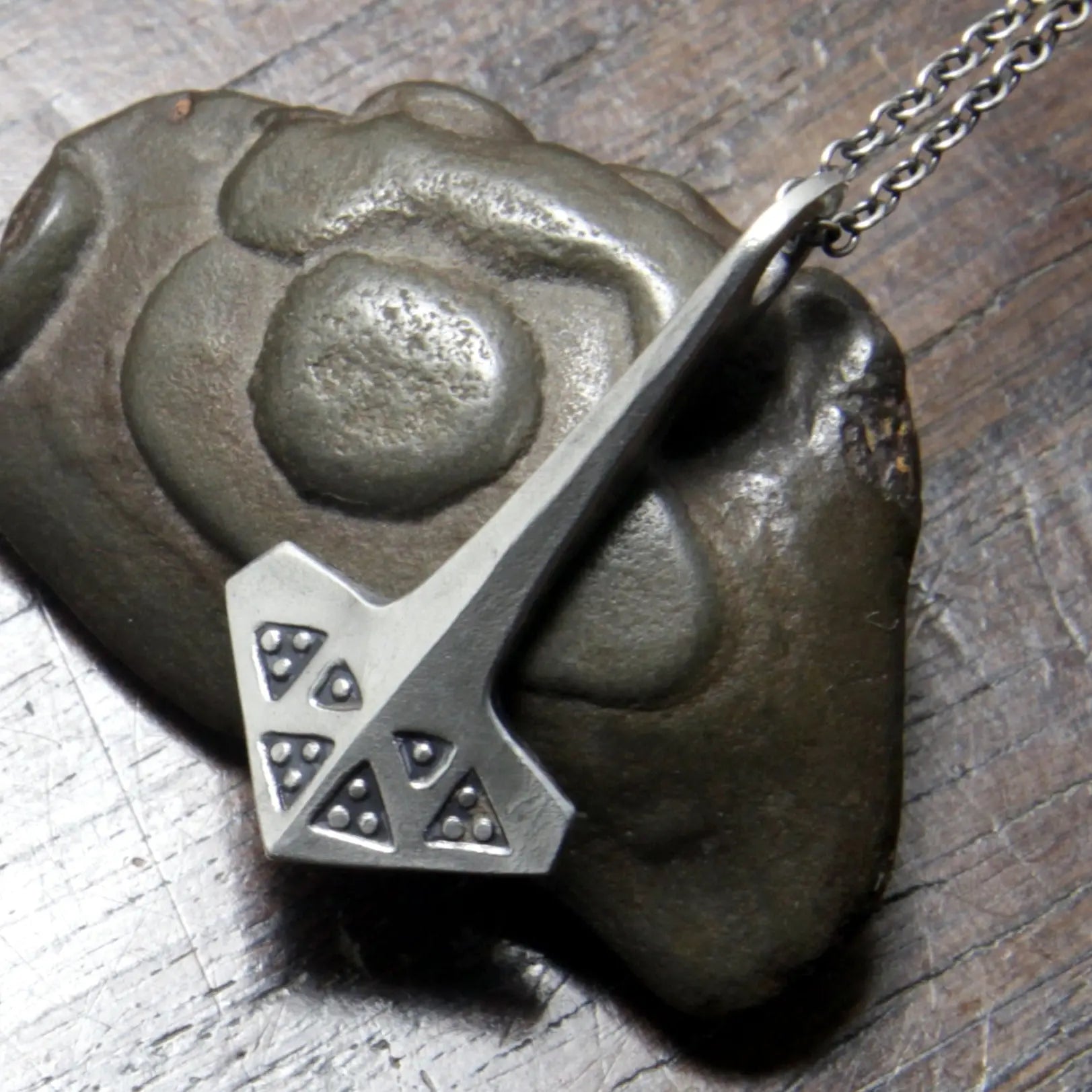 Small Silver Stampwork Decorated Mjolnir, from Taitaya Forge, UK, made by M.Barran 2023