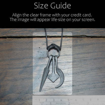Uppsala Amulet ring pendant. Hand forged black iron necklace with a sickle, hammer and spear. Size guide in comparison to credit card or ruler