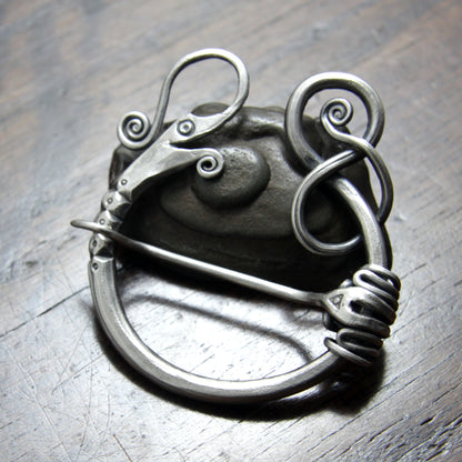 Unique Intricate hand forged silver penannular Dragon brooch made by Taitaya Forge