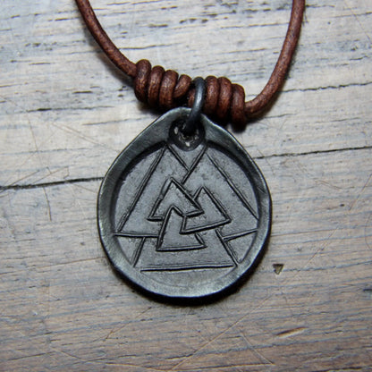 Valknut Hrungnir's Heart Iron Coin Necklace. Norse Viking style medallion pendant that can be personalised with silver inlay or an engraving