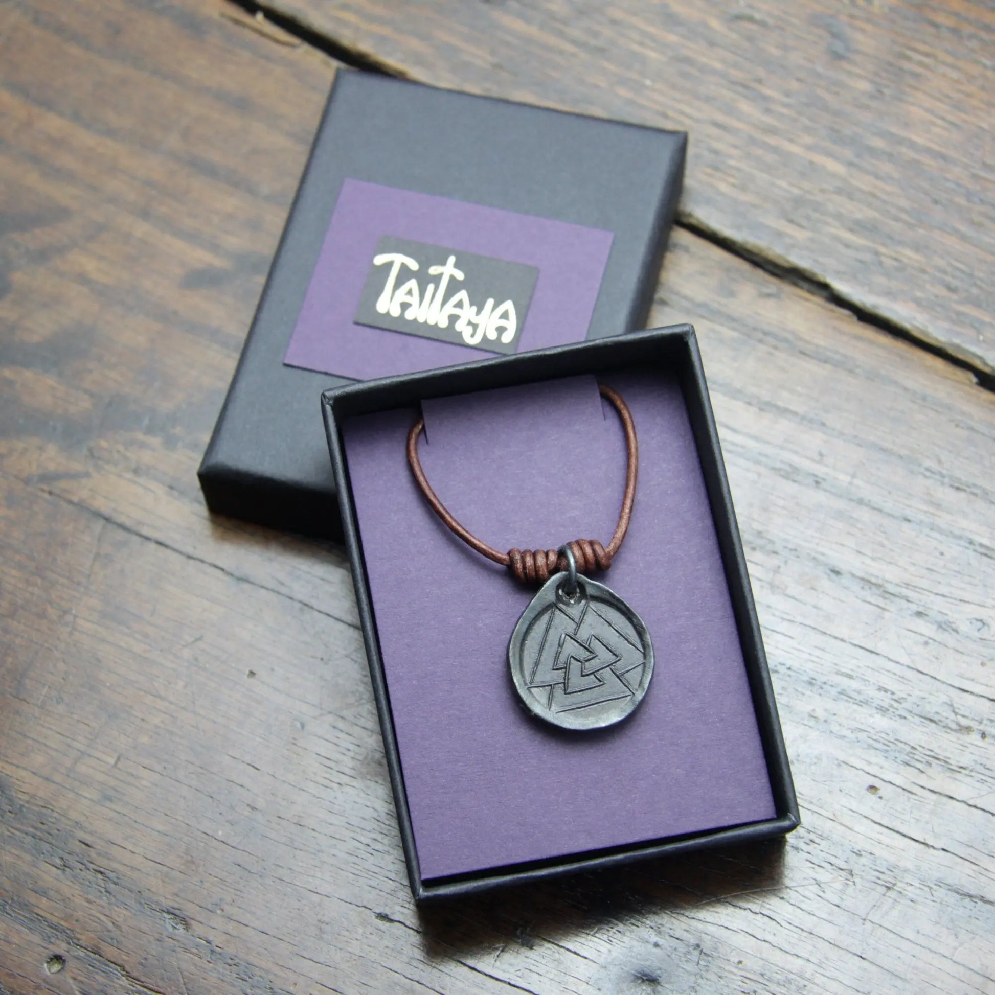 Valknut Hrungnir's Heart Iron Coin Necklace. Norse Viking style medallion pendant that can be personalised with silver inlay or an engraving