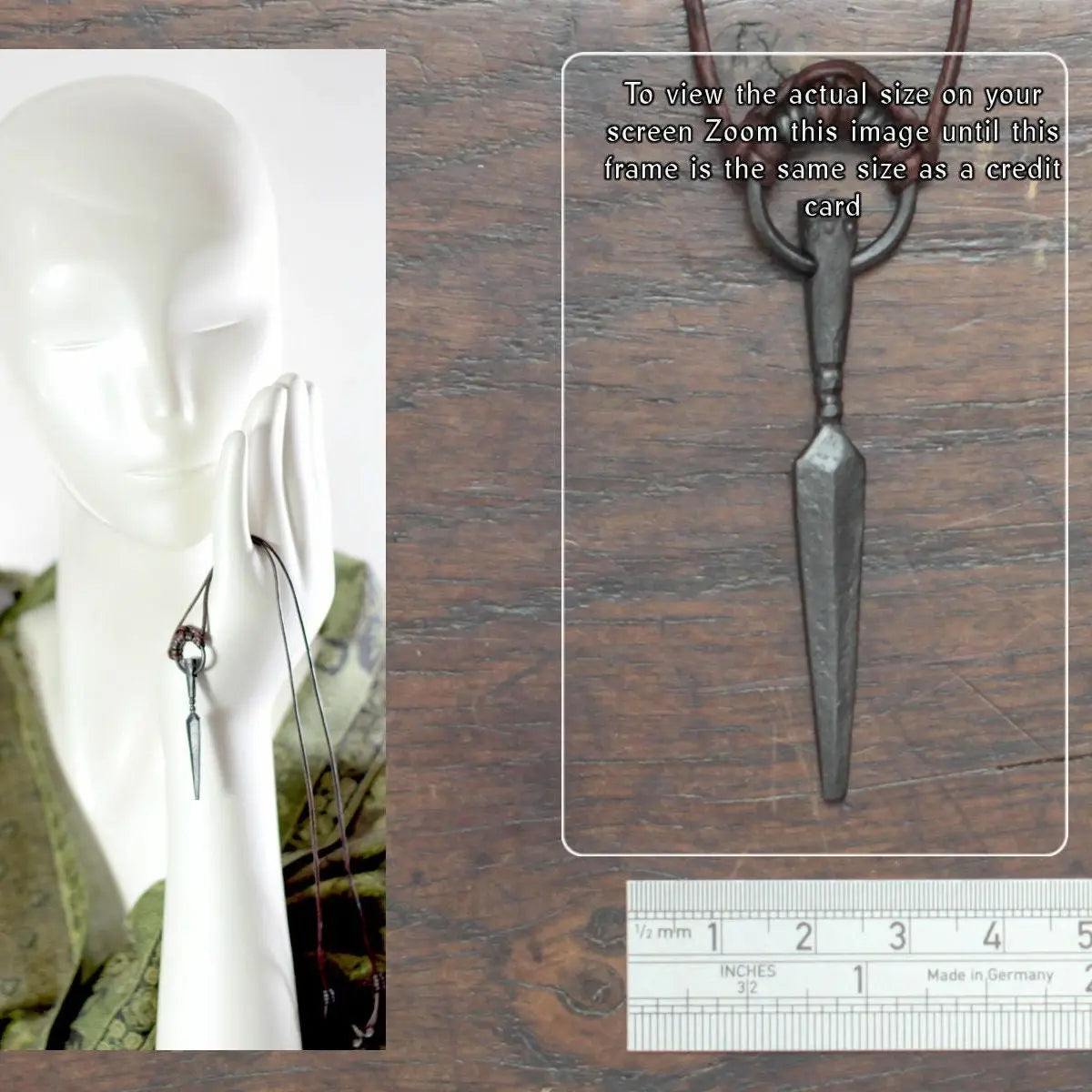 Size reference next to a ruler and a mannequin photo of the iron Viking Gungnir Spear Pendant