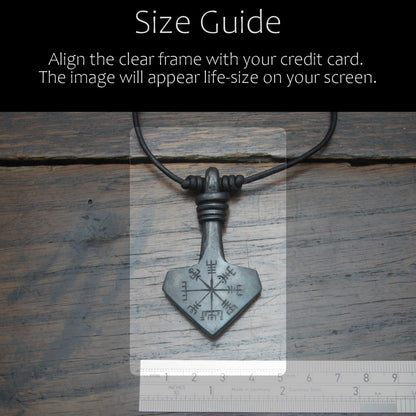 Hand forged large Vegvisir engraved iron Mjolnir Thor's hammer pendant made by taitaya forge, size guide in comparison with a credit card and ruler