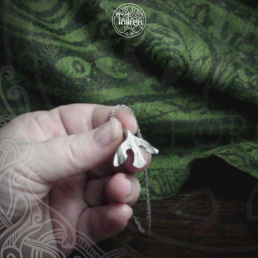 Video of a hand holding the silver raven pendant