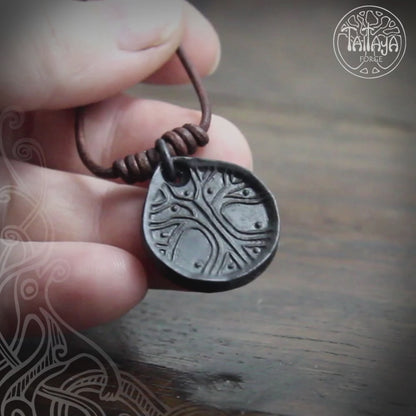 Norse Viking Yggdrasil Tree Iron Coin Pendant on a leather necklace