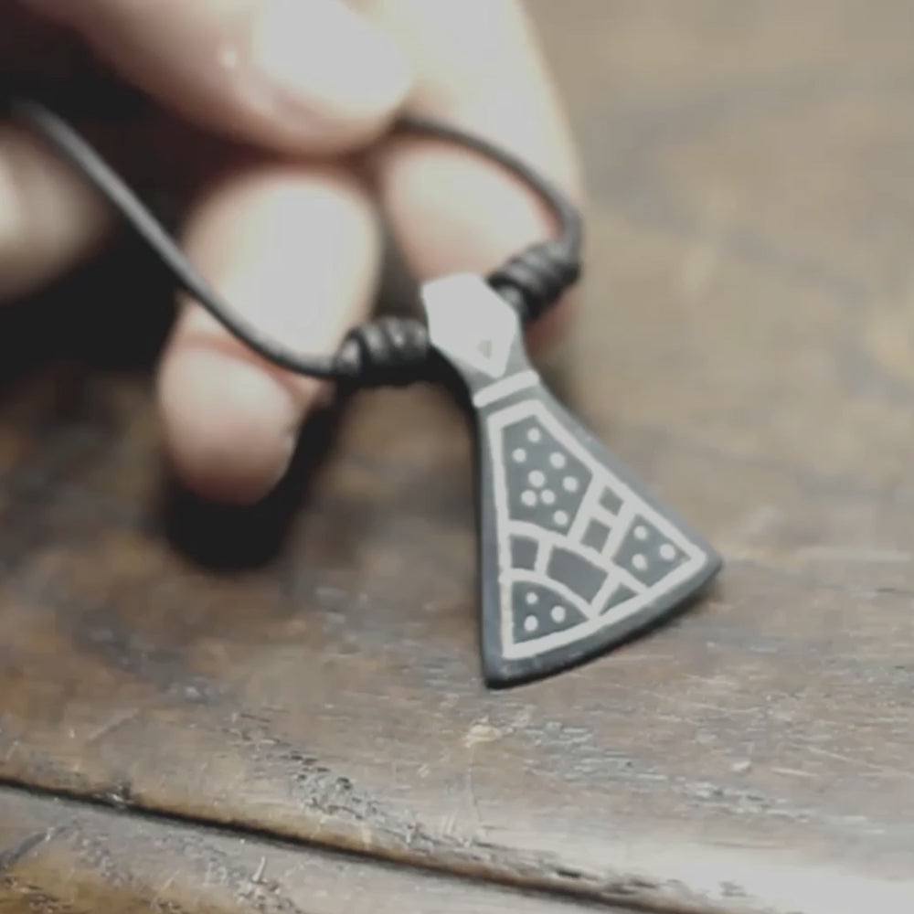 Forged Iron Viking Axe pendant with silver inlay decoration, made by Luke & Marleena Barran, Taitaya Forge, UK