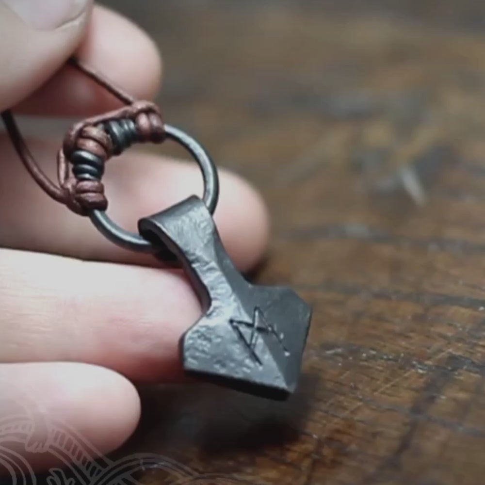 Hand forged small ringed iron Thor's hammer pendant, made by MBarran, Taitaya Forge, UK