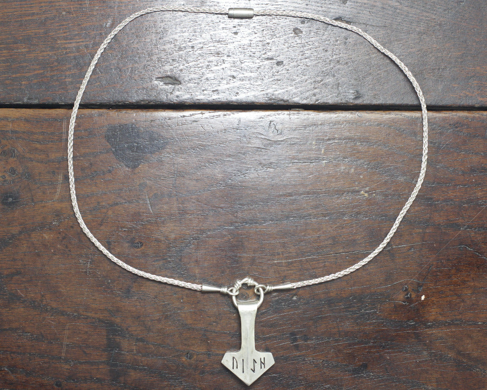 Large hand engraved sforged silver Thor's hammer necklace, by Taitaya Forge