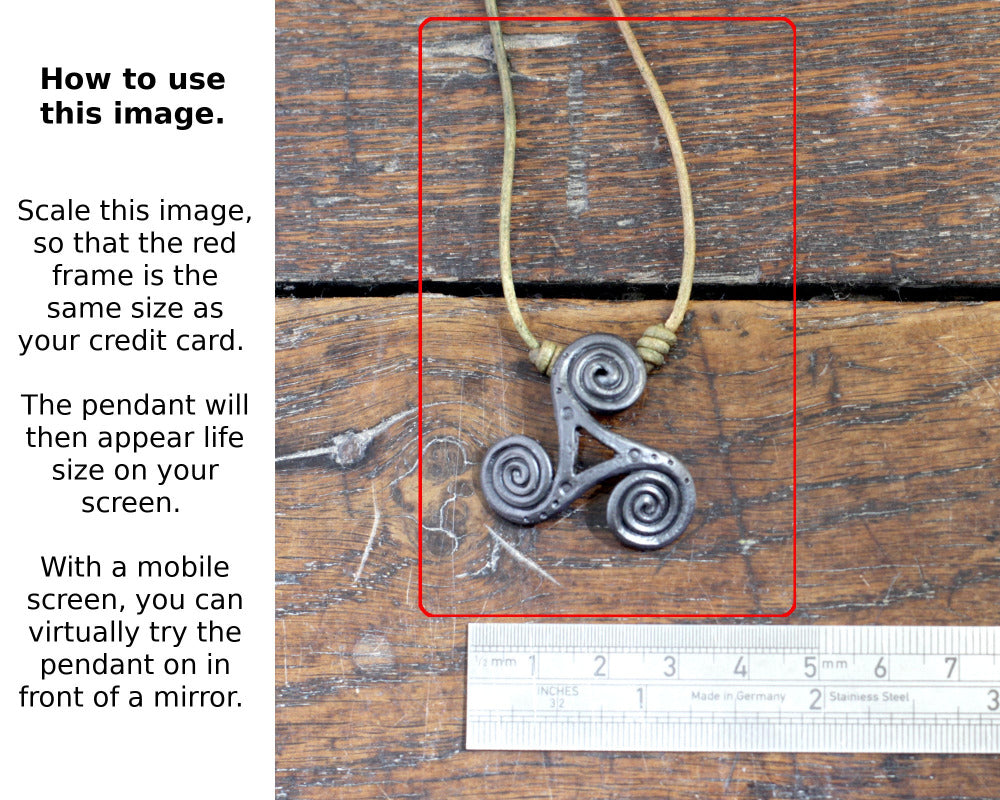 Size infromation of the Hand Forged Iron Triskelion Necklace, designed and made by Blacksmith Marleena Barran from Taitaya Forge
