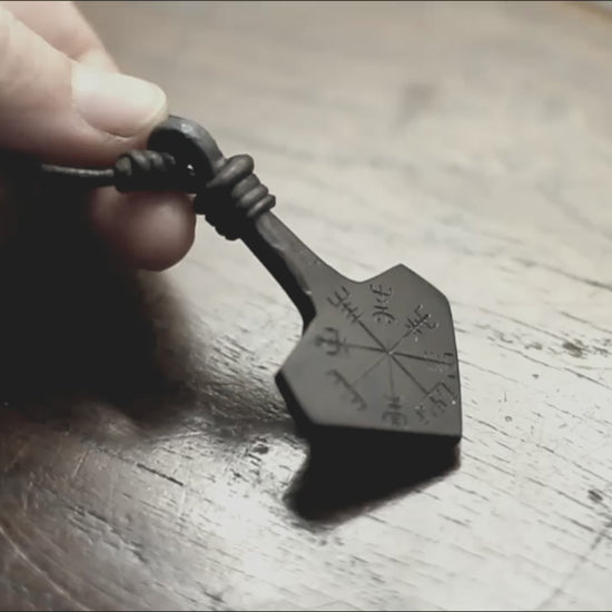 Large forged iron Thor's hammer pendant, engraved with the huld version of Vegvisir, made by Luke and Marleena Barran, Taitaya Forge, UK