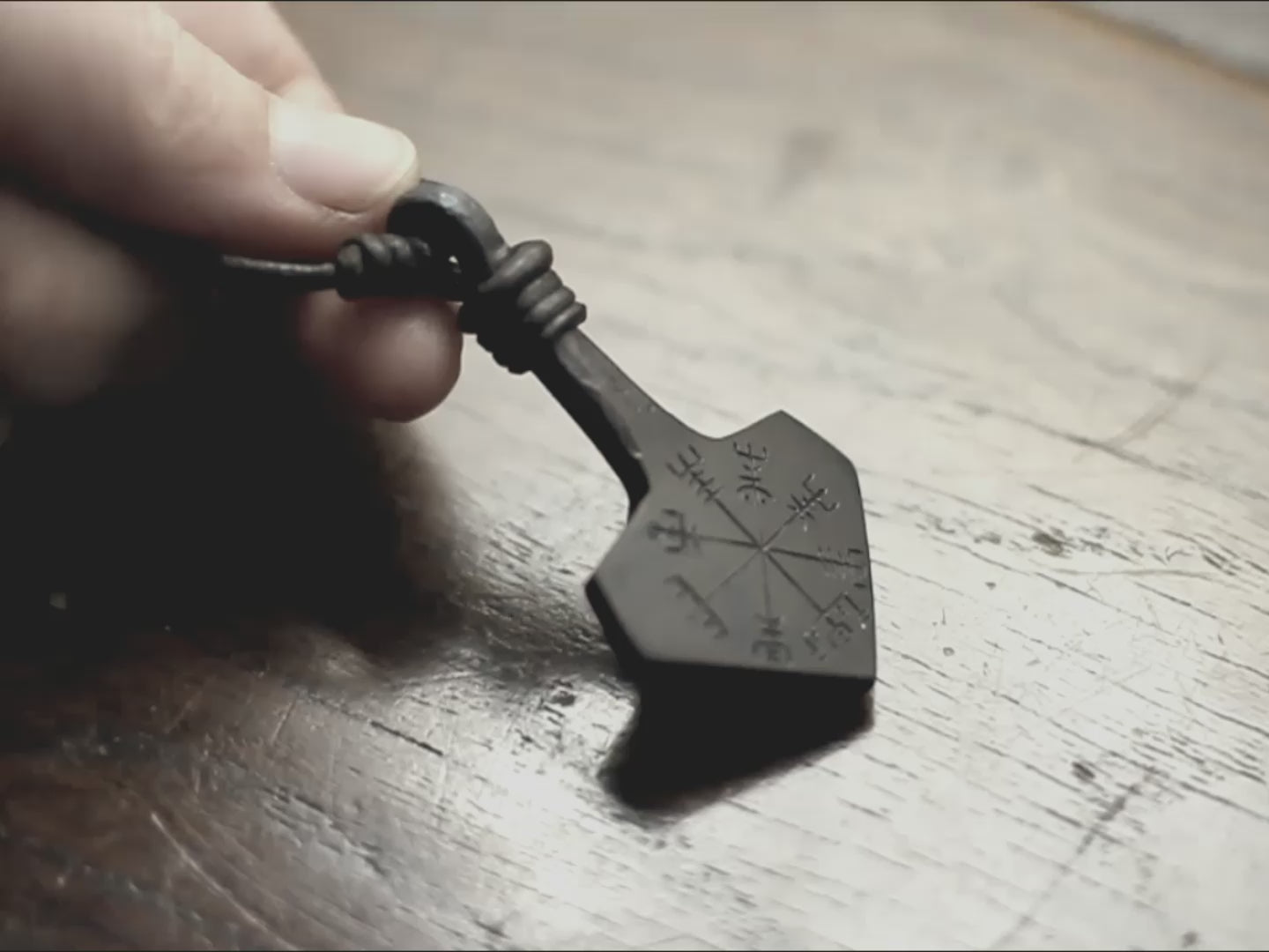 Large forged iron Thor's hammer pendant, engraved with the huld version of Vegvisir, made by Luke and Marleena Barran, Taitaya Forge, UK