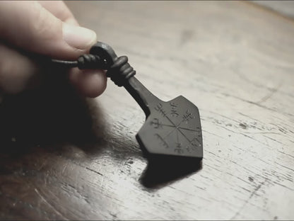 Large forged iron Thor's hammer pendant, engraved with the huld version of Vegvisir, made by Luke and Marleena Barran, Taitaya Forge, UK